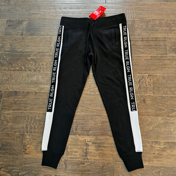 New True Religion Women's Black Joggers with White Stripes Sz Medium - Picture 1 of 7